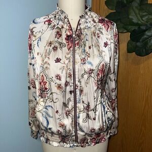 Chico Size 1 Floral Print Mock Neck Zip Front jacket Long Sleeve Smocked Waist